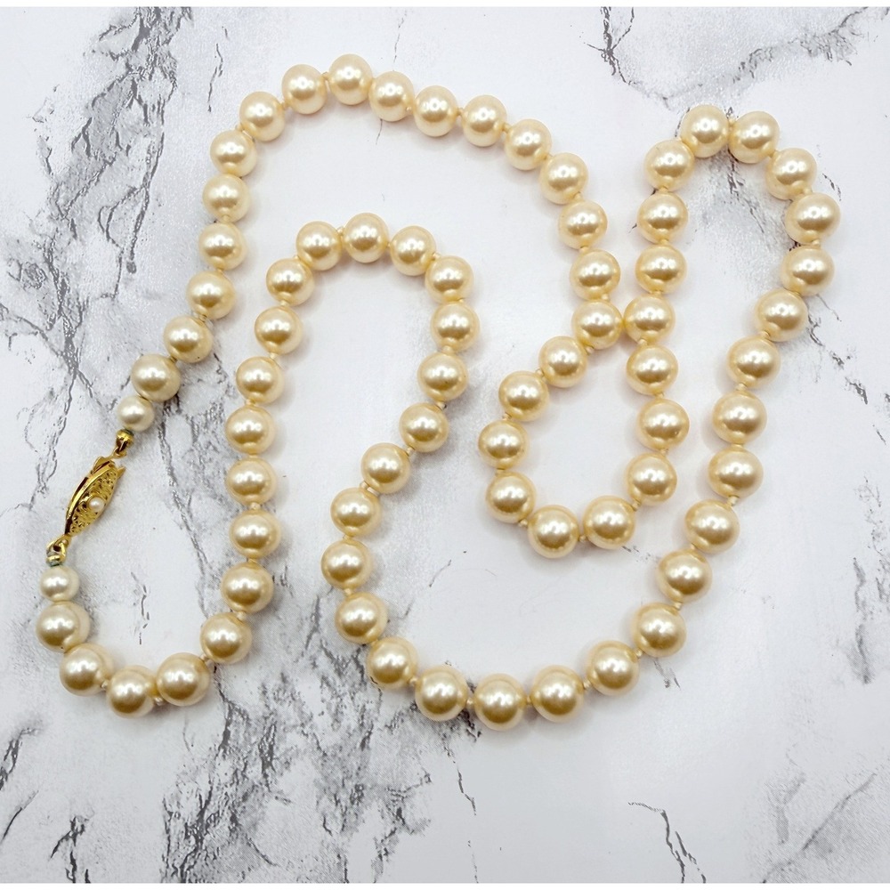 Vintage Japan Hand Knotted Glass Faux Pearl Necklace 25" 8mm Decorative Clasp